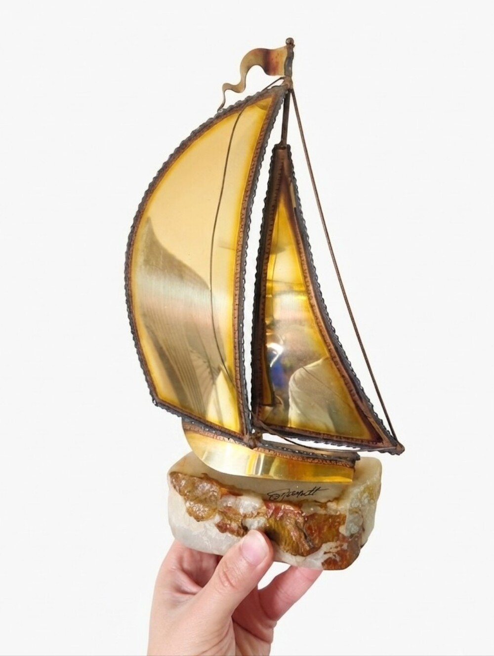 Vintage Brass Sailboat Sculpture on Natural Onyx Base Signed